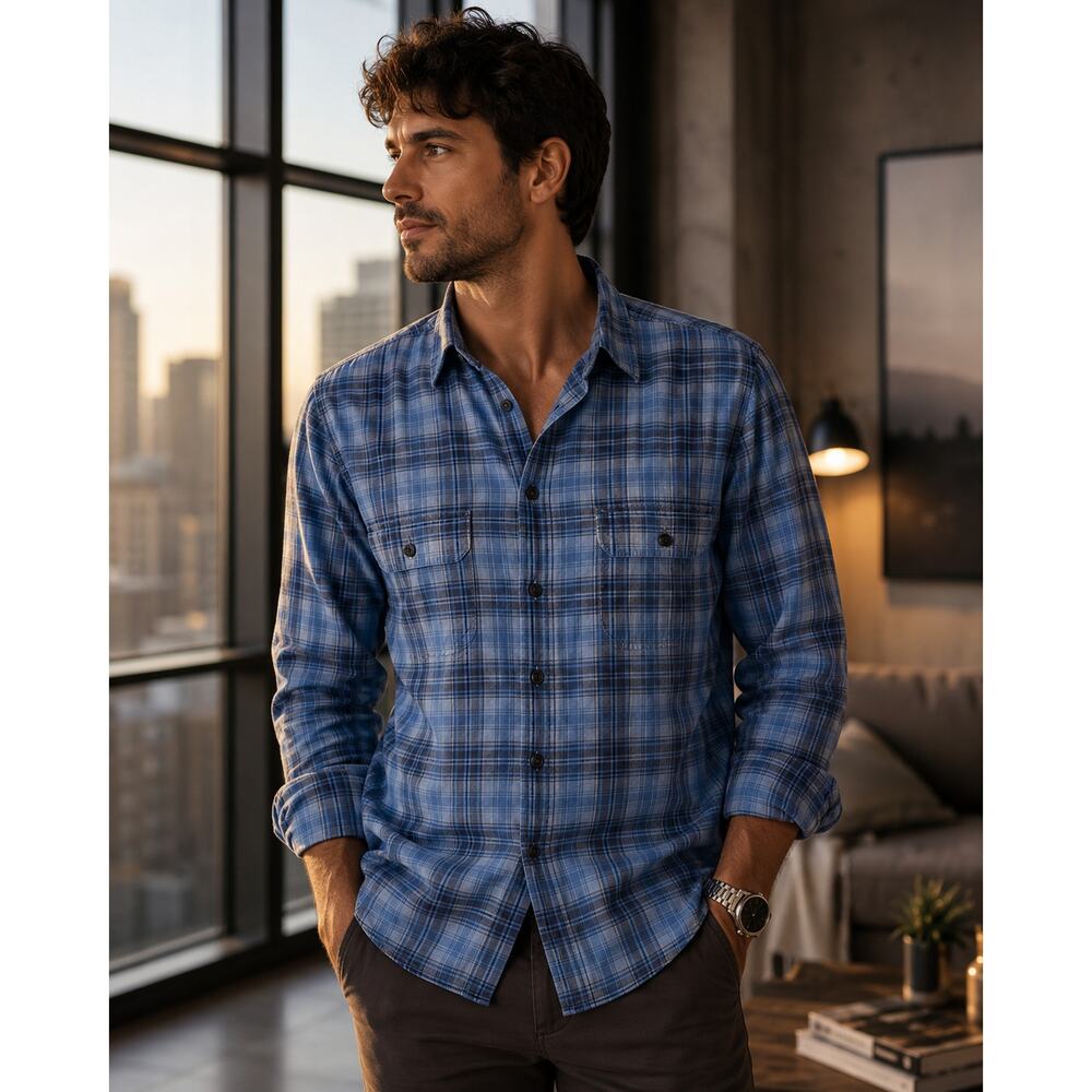 Lucky Brand Saturday Stretch Plaid Button Up Shirt Blue Men’s M